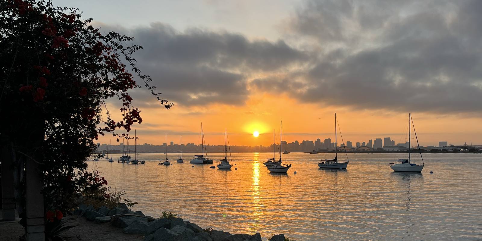 Sailboats anchored off Shelter Island at sunset, with the downtown San Diego skyline on the horizon
